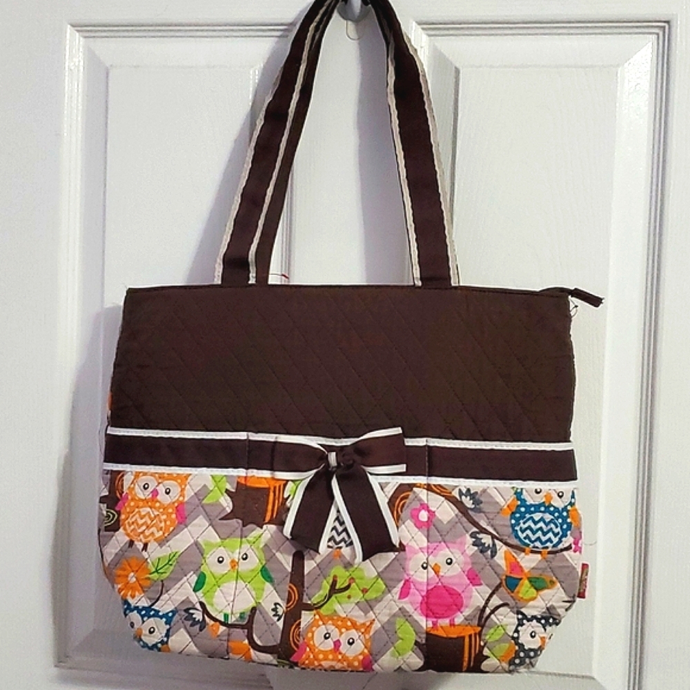 N. Gil Brown & Colorful Owls Vintage Quilted Diaper Tote Bag
